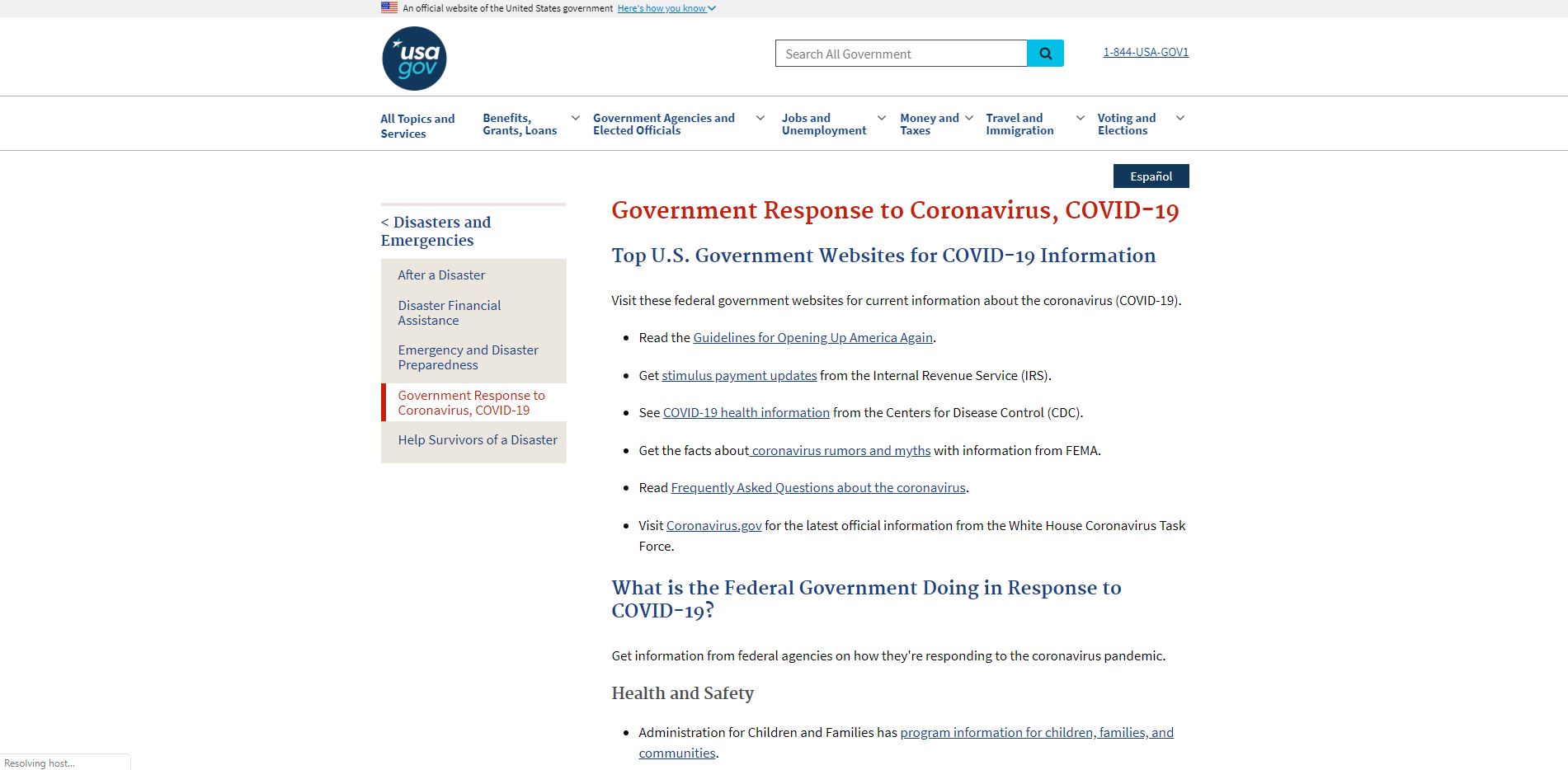 USA.gov coronavirus website